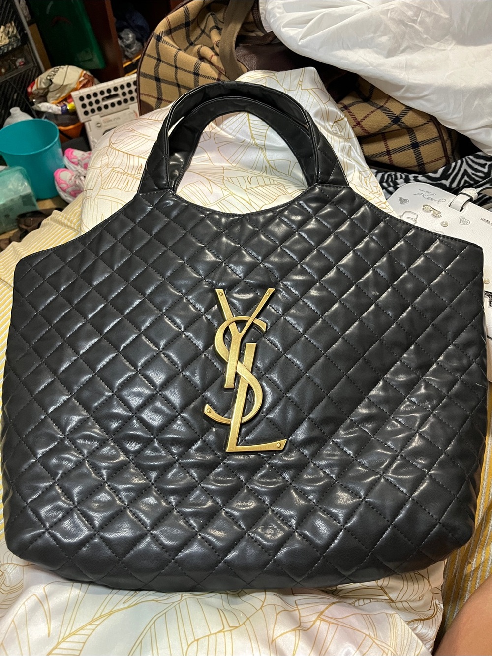 Saint Laurent Black Quilted Leather Tote with Gold YSL Logo